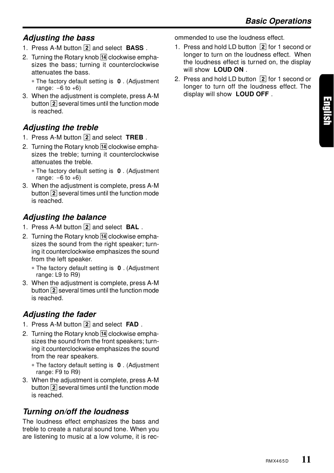 Clarion RMX465D Basic Operations Adjusting the bass, Adjusting the treble, Adjusting the balance, Adjusting the fader 