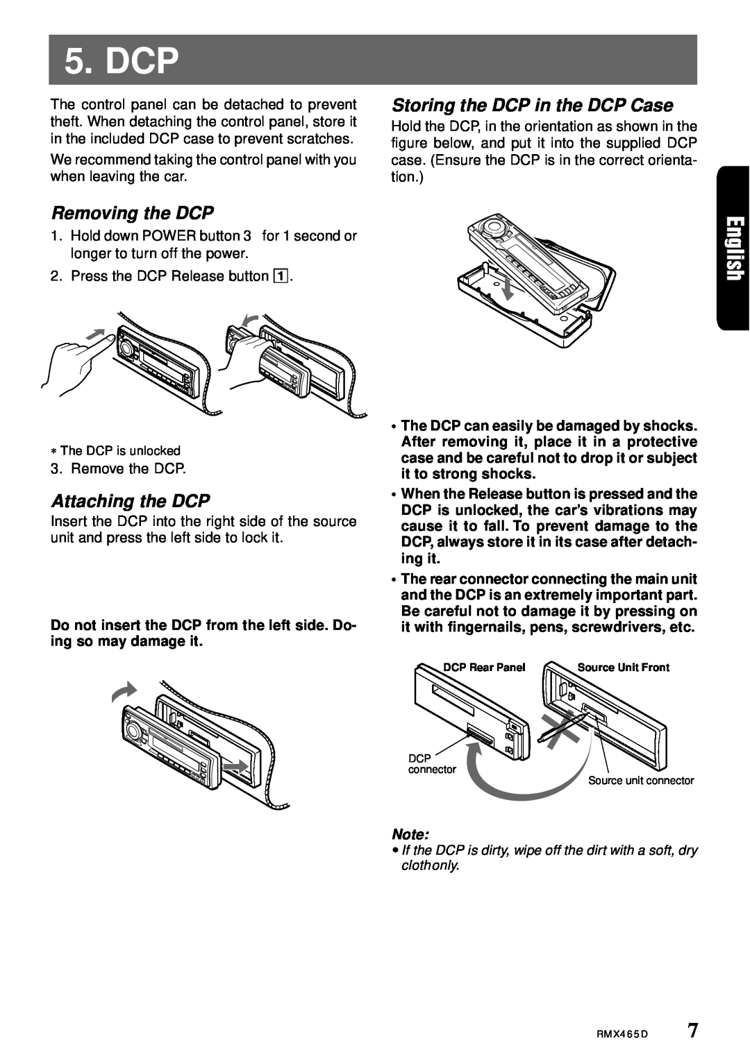 Clarion RMX465D owner manual Dcp, Storing the DCP in the DCP Case, Removing the DCP, Attaching the DCP 