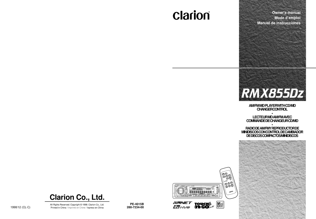 Clarion RMX855Dz owner manual PE-4015B, 1998/12 CL·C, 280-7234-00 