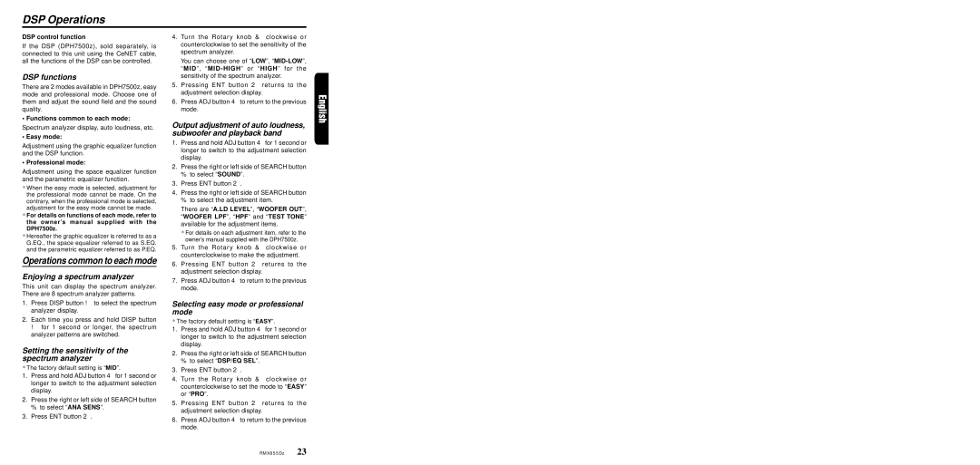 Clarion RMX855Dz DSP Operations, DSP functions, Enjoying a spectrum analyzer, Selecting easy mode or professional mode 