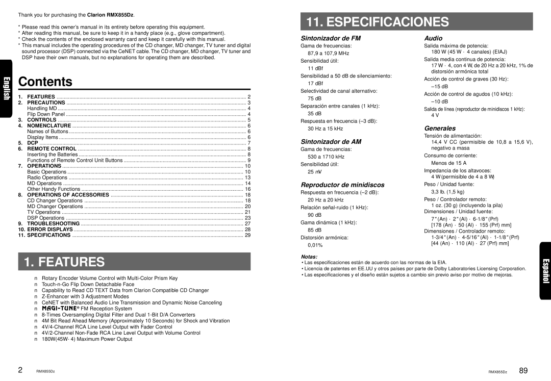 Clarion RMX855Dz owner manual Especificaciones, Features 