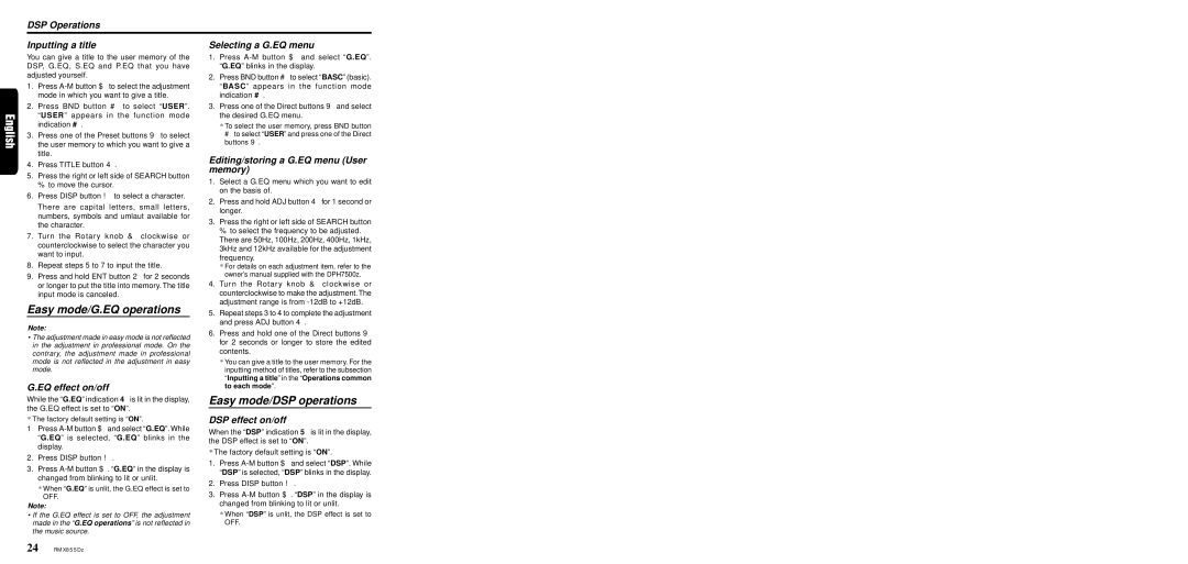 Clarion RMX855Dz DSP Operations Inputting a title Selecting a G.EQ menu, EQ effect on/off, DSP effect on/off, Frequency 