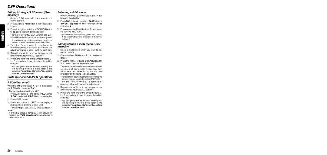 Clarion RMX855Dz Editing/storing a S.EQ menu User memory, Selecting a P.EQ menu, Editing/storing a P.EQ menu User memory 
