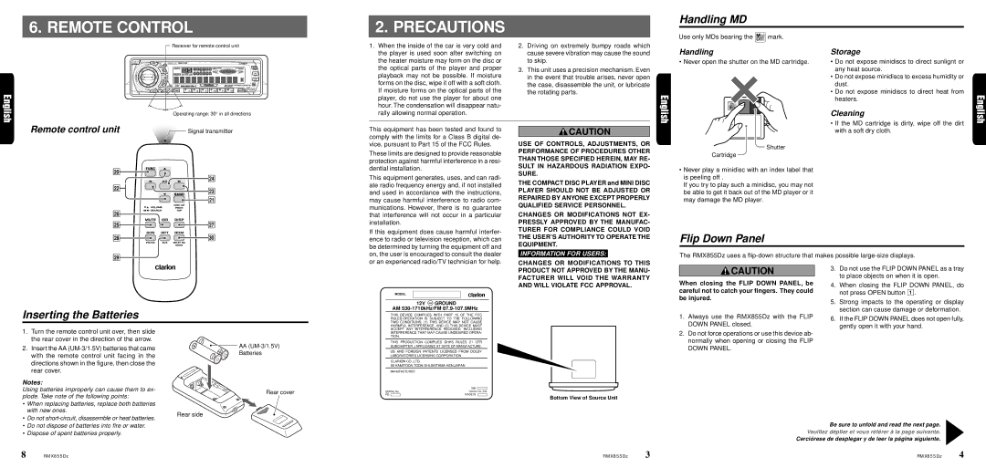 Clarion RMX855Dz owner manual Remote Control Precautions, Handling MD, Flip Down Panel, Inserting the Batteries 