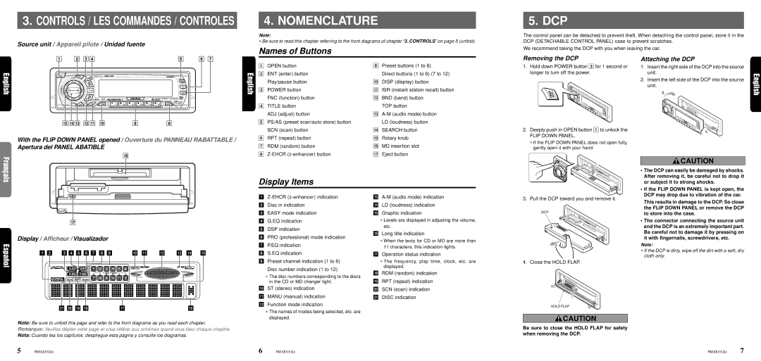 Clarion RMX855Dz owner manual Nomenclature, Names of Buttons, Display Items 