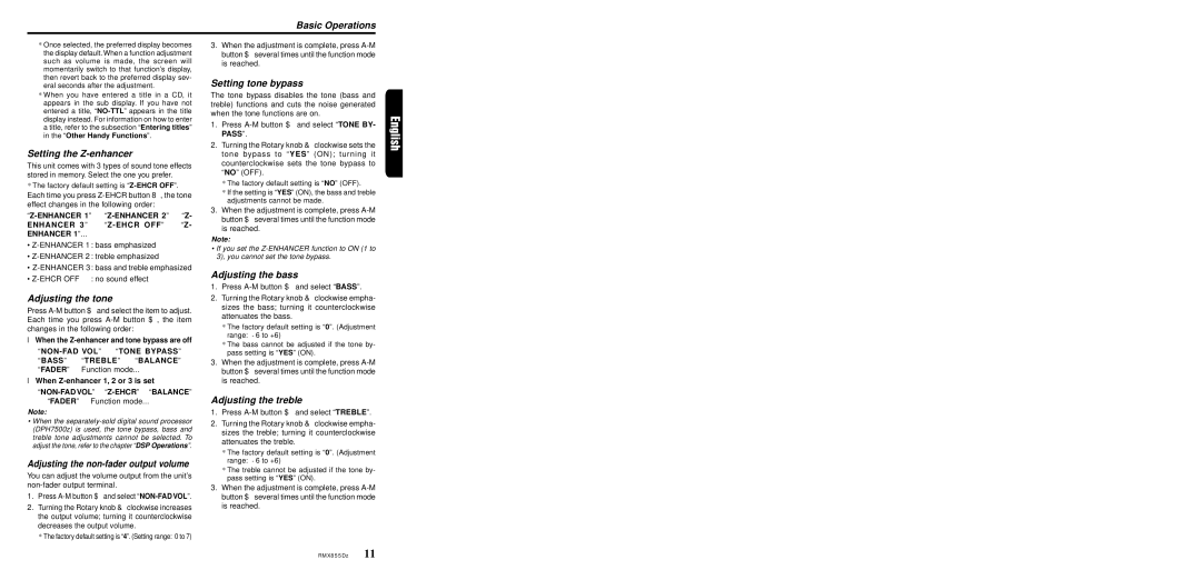 Clarion RMX855Dz Basic Operations, Setting the Z-enhancer, Adjusting the tone, Adjusting the non-fader output volume 