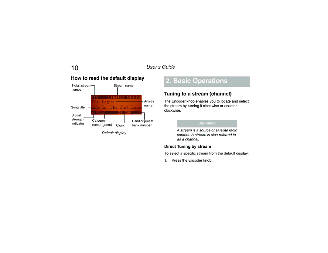 Clarion RPNP Plug and Play Receiver How to read the default display, Tuning to a stream channel, Direct Tuning by stream 