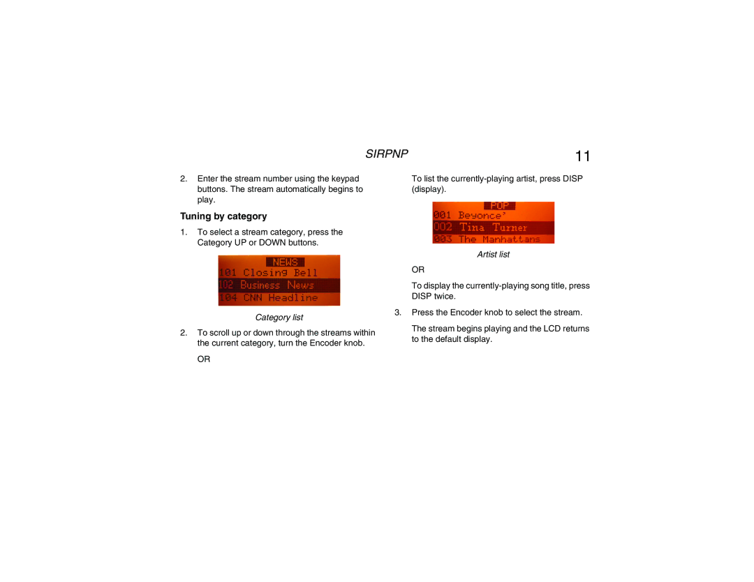 Clarion RPNP Plug and Play Receiver manual Tuning by category, Category list 