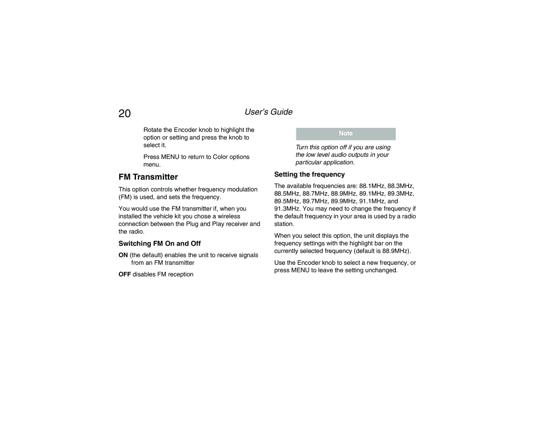 Clarion RPNP Plug and Play Receiver manual FM Transmitter, Switching FM On and Off, Setting the frequency 