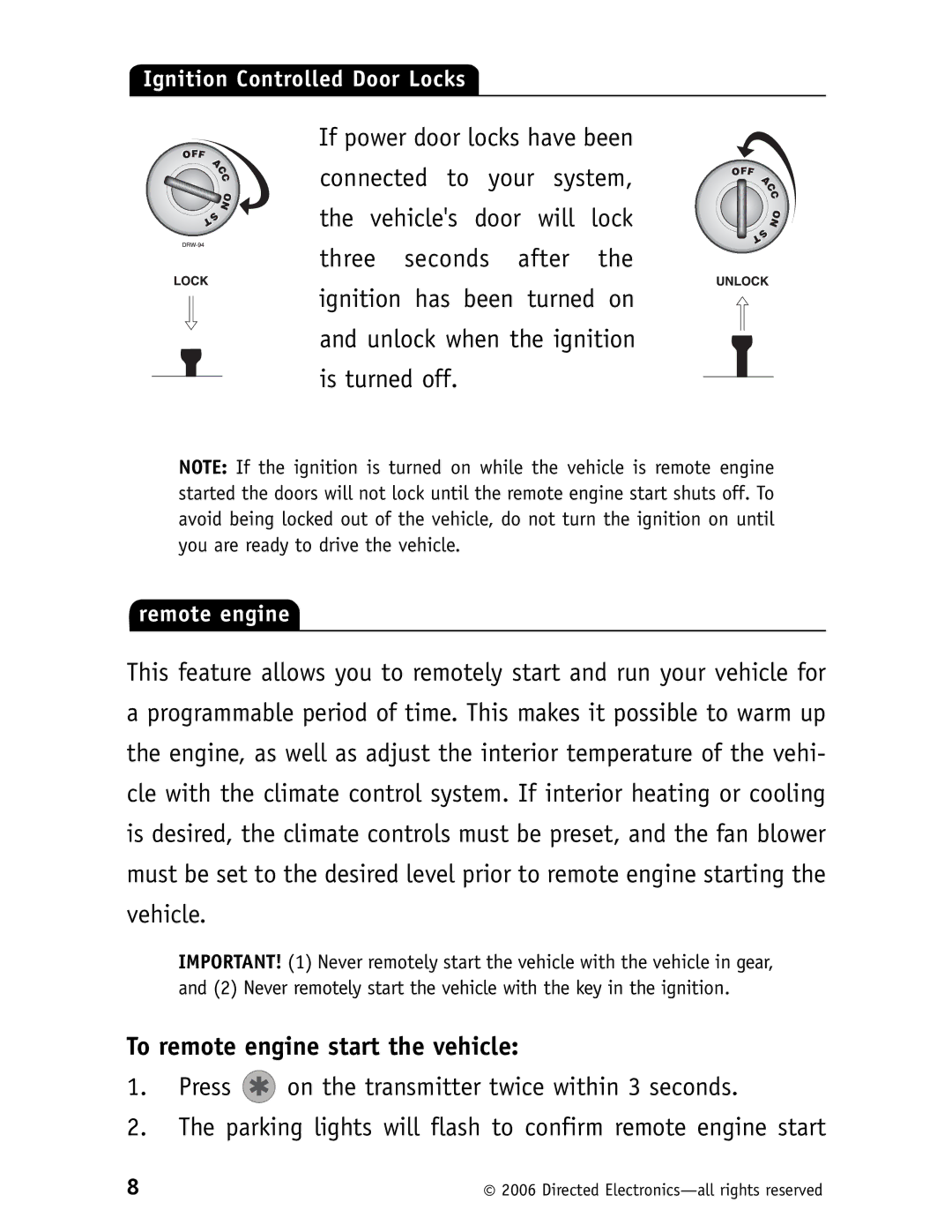 Clarion RS10 manual To remote engine start the vehicle 