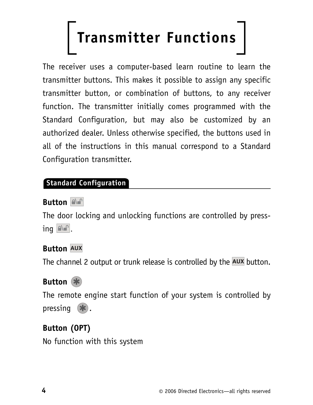 Clarion RS10 manual Transmitter Functions, Button OPT 