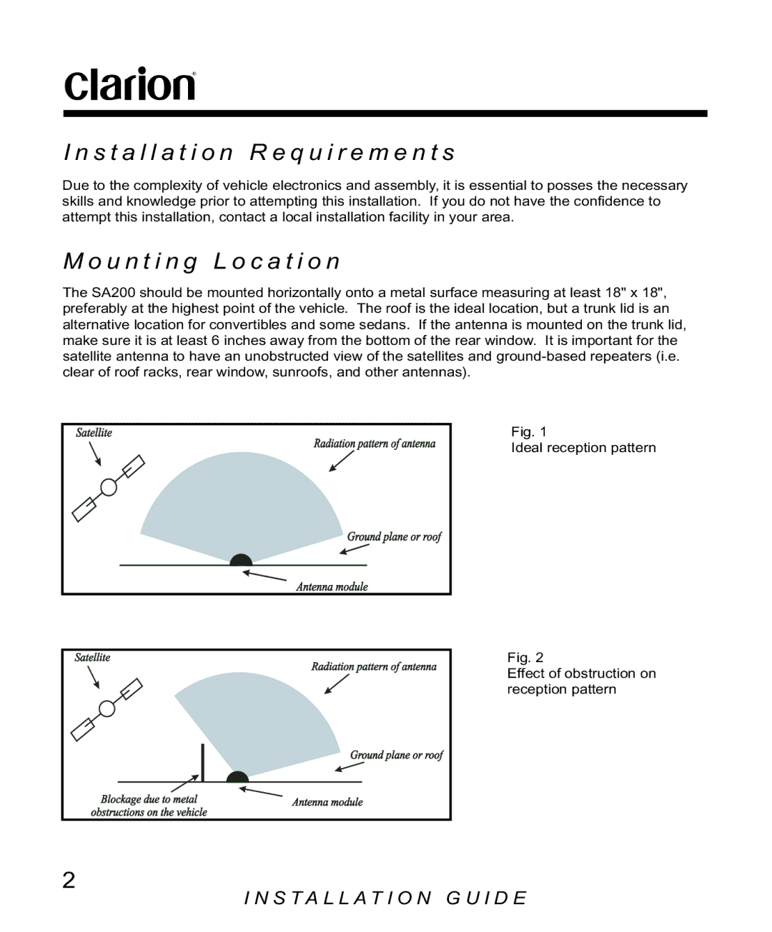 Clarion SA200 manual Installation R e q u i r e m e n t s, U n t i n g L o c a t i o n 