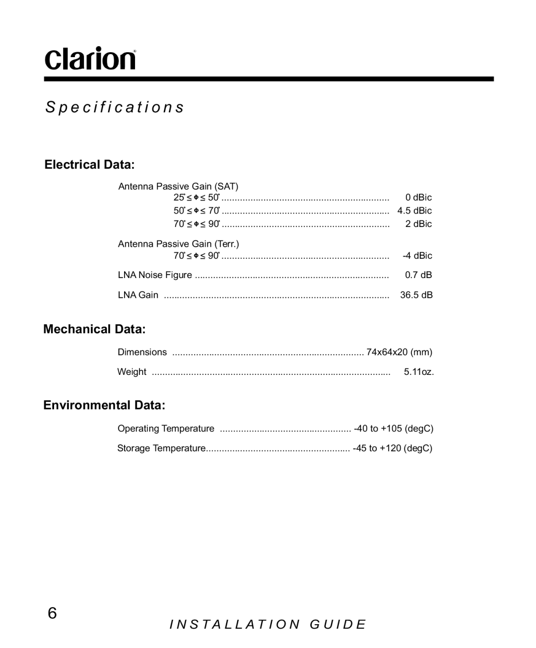 Clarion SA200 manual S p e c i f i c a t i o n s, Electrical Data, Mechanical Data, Environmental Data 