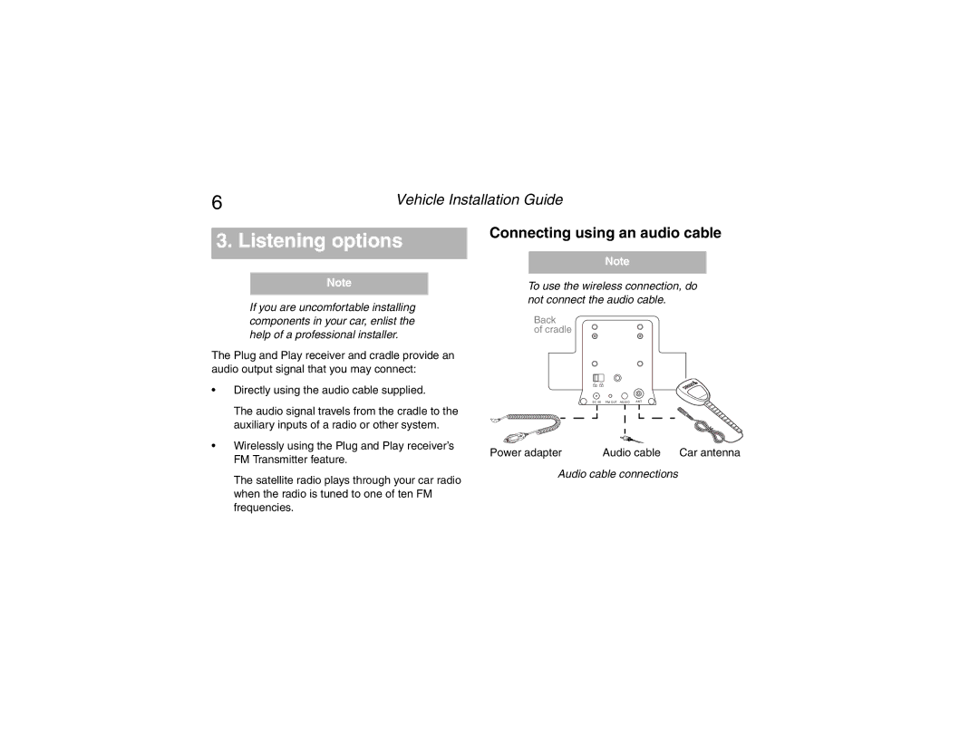 Clarion Sattelite Radio manual Listening options, Connecting using an audio cable 