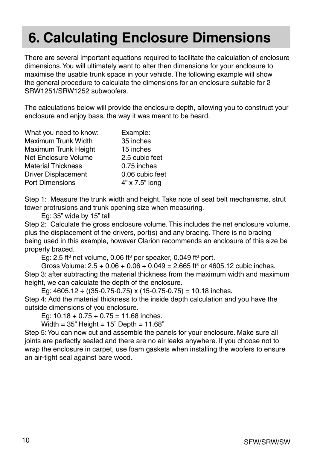 Clarion SFW, SRW, SW manual Calculating Enclosure Dimensions 