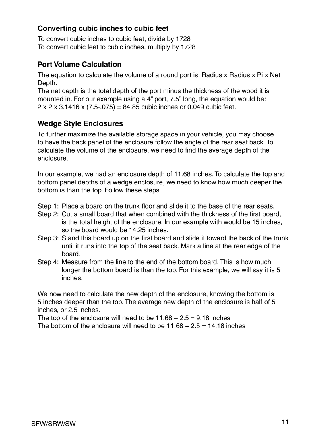 Clarion SRW, SFW, SW manual Converting cubic inches to cubic feet, Port Volume Calculation, Wedge Style Enclosures 
