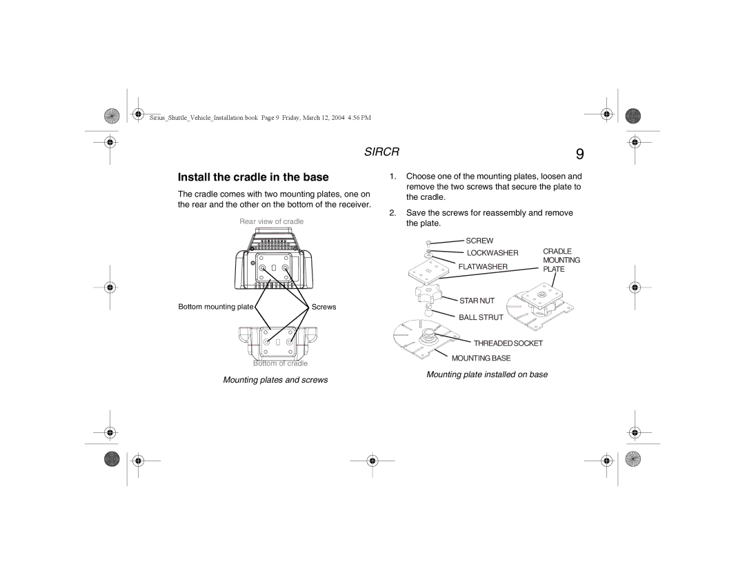 Clarion SIRCR manual Install the cradle in the base, Mounting plates and screws 