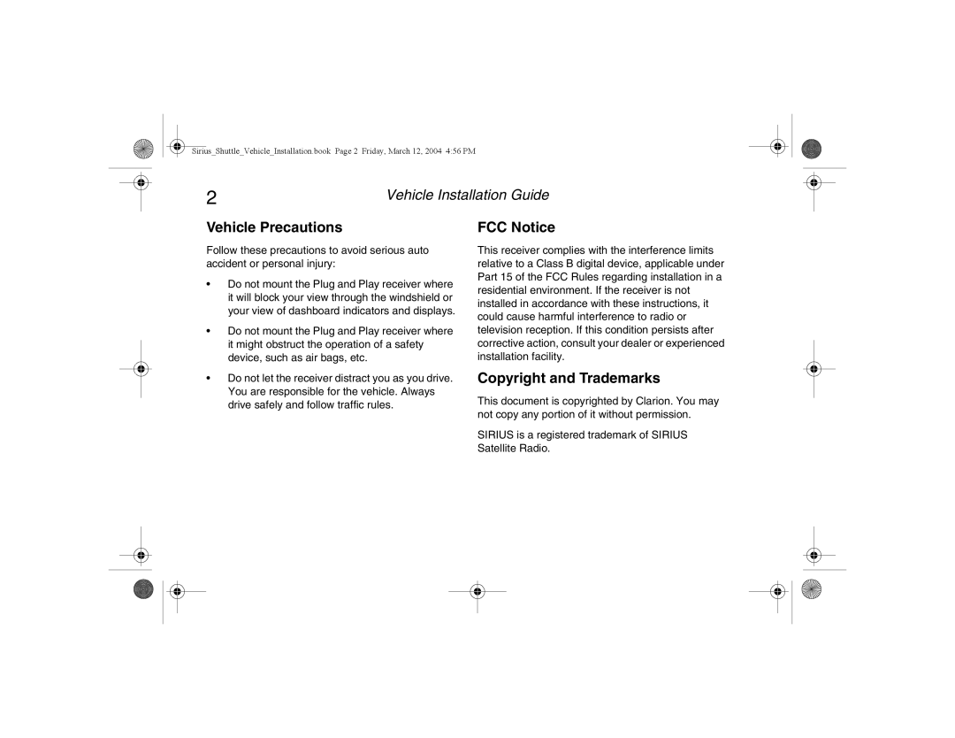 Clarion SIRCR manual Vehicle Precautions, FCC Notice, Copyright and Trademarks 