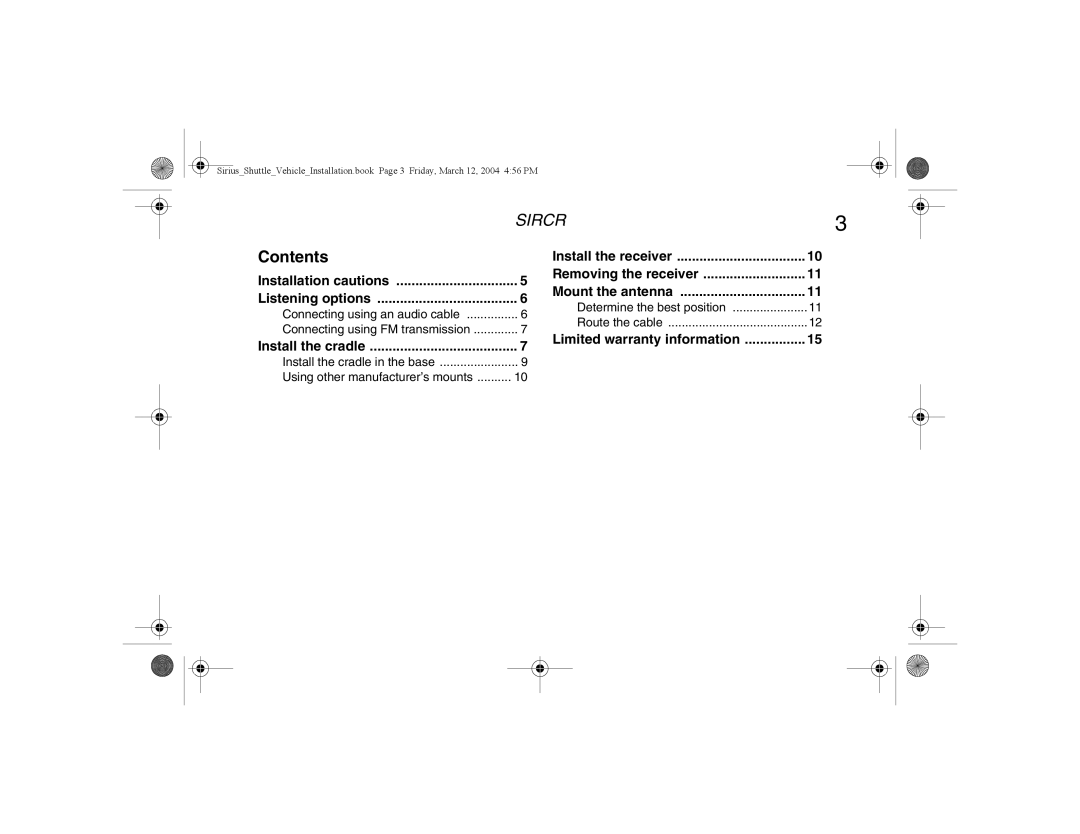 Clarion SIRCR manual Contents 