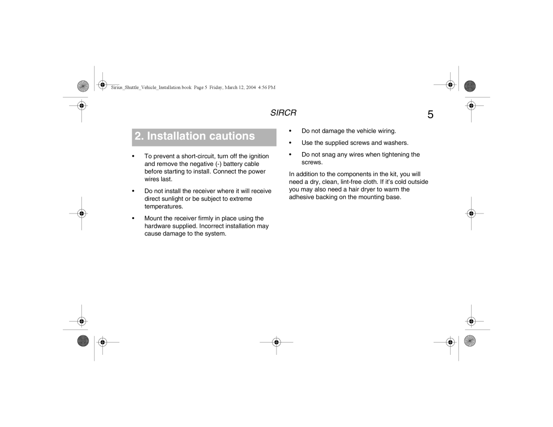 Clarion SIRCR manual Installation cautions 