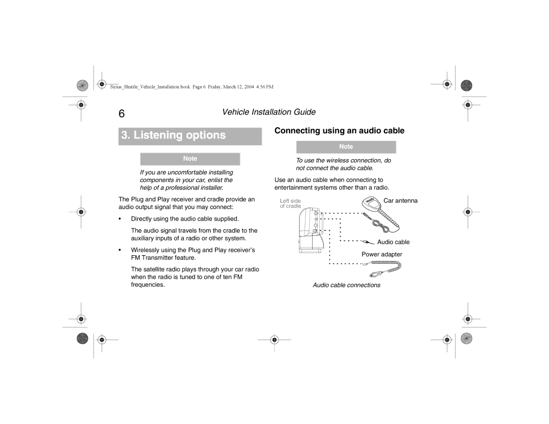 Clarion SIRCR manual Listening options, Connecting using an audio cable 