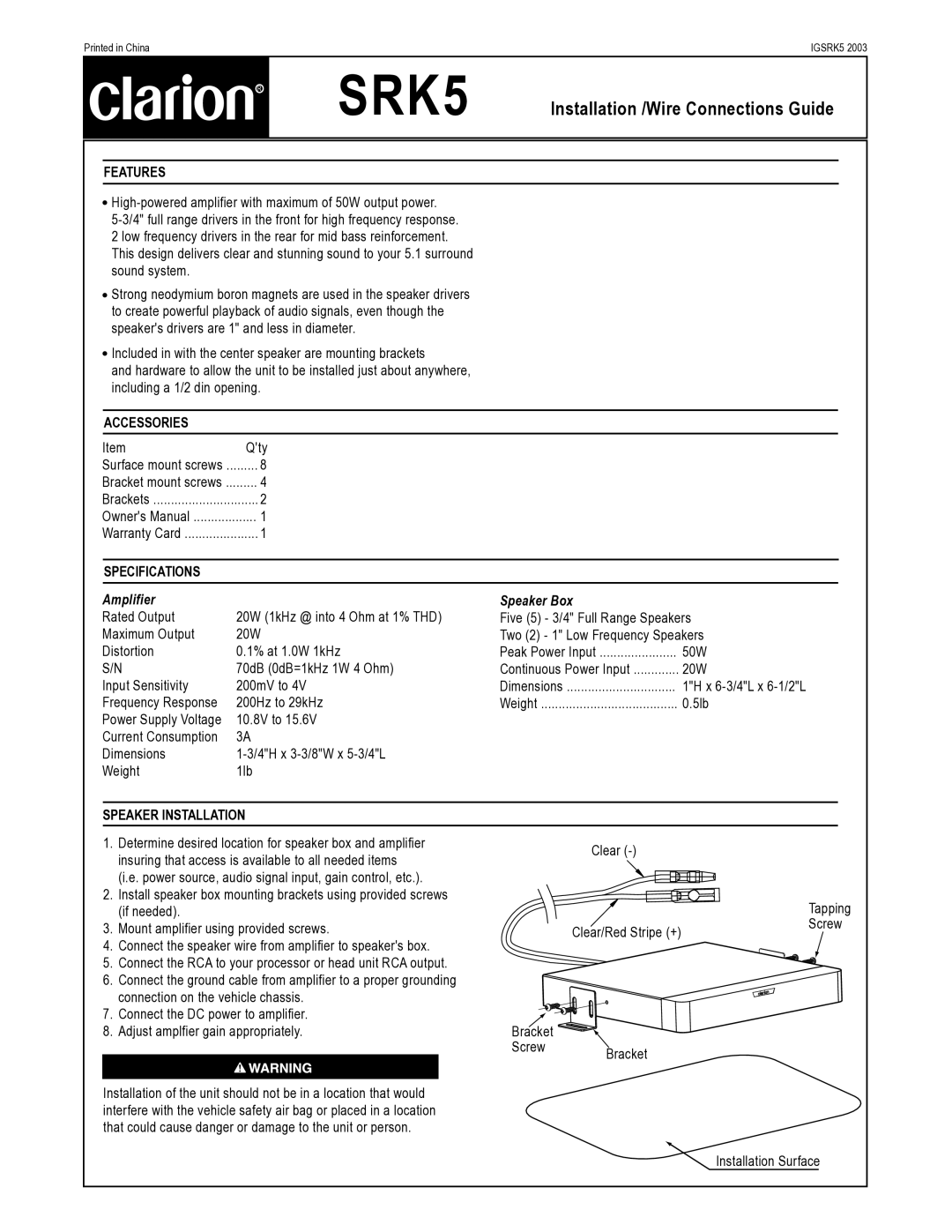 Clarion SRK5 specifications Installation /Wire Connections Guide, Amplifier Speaker Box 