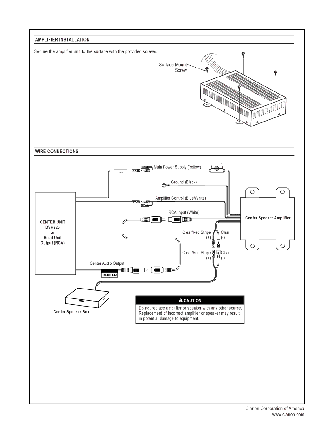 Clarion SRK5 specifications Amplifier Installation, Wire Connections, Center Unit 