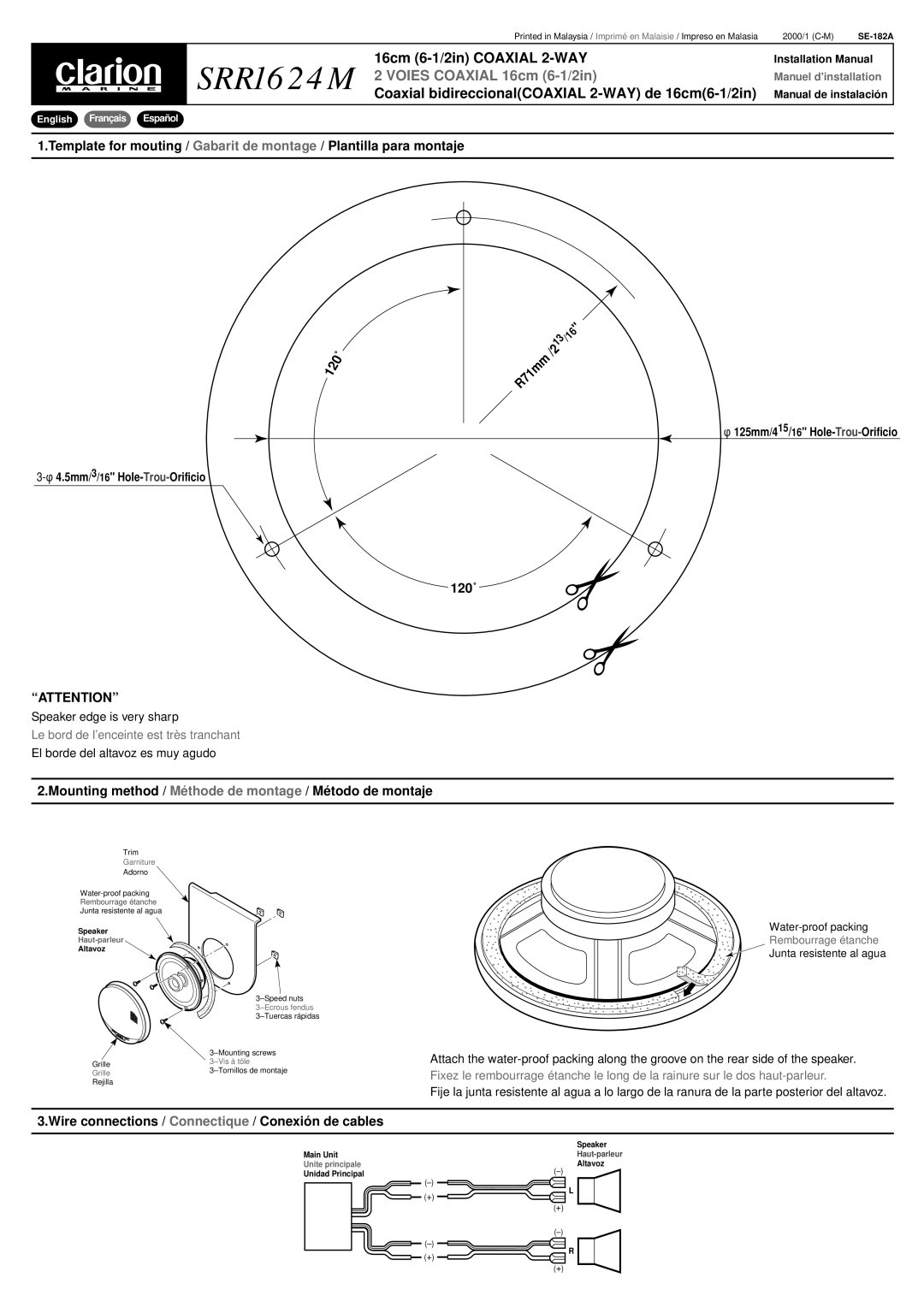 Clarion SRR1624M installation manual 16cm 6-1/2in Coaxial 2-WAY, Voies Coaxial 16cm 6-1/2in 