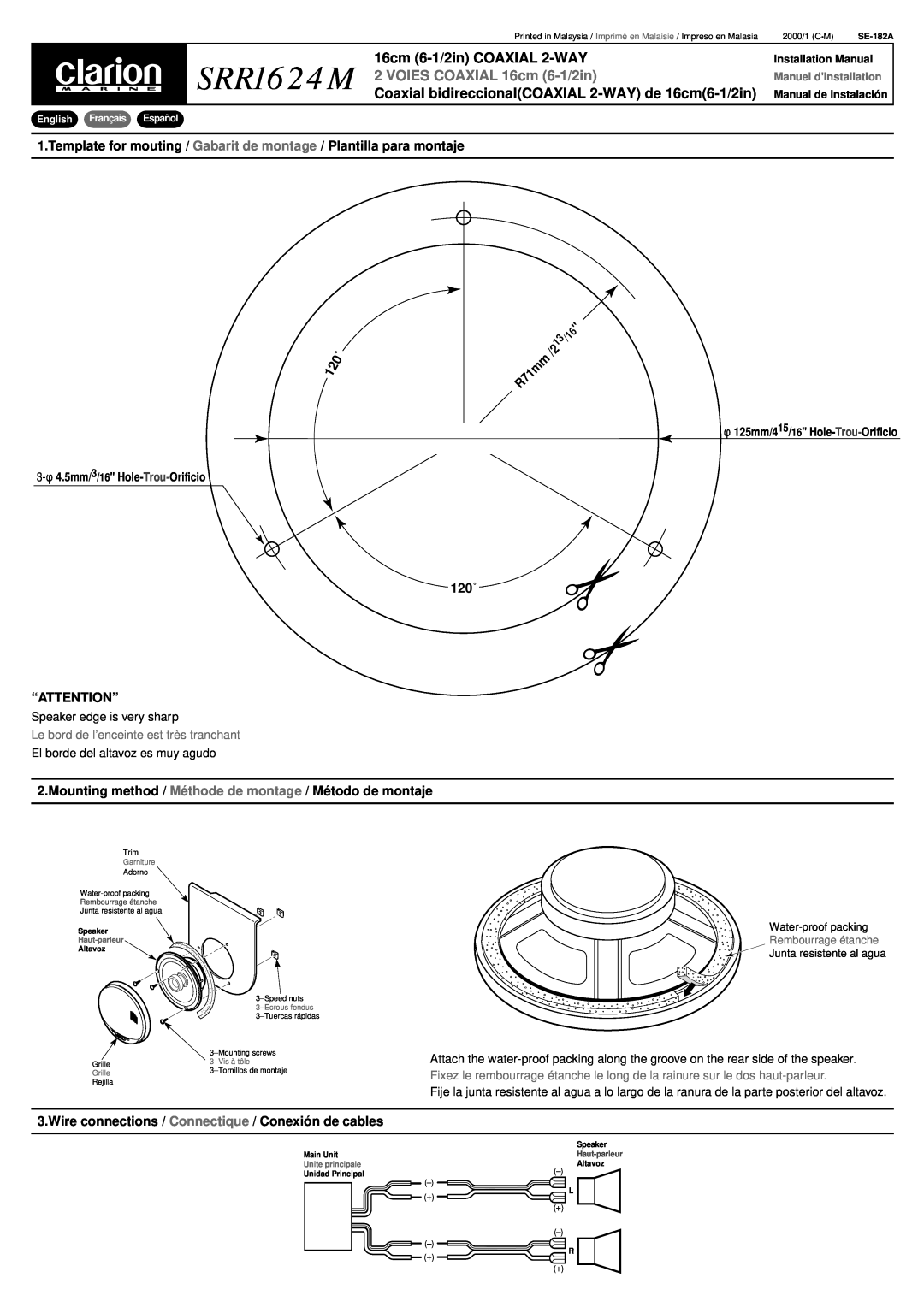 Clarion SRR1624M installation manual 16cm 6-1/2inCOAXIAL 2-WAY, VOIES COAXIAL 16cm 6-1/2in 