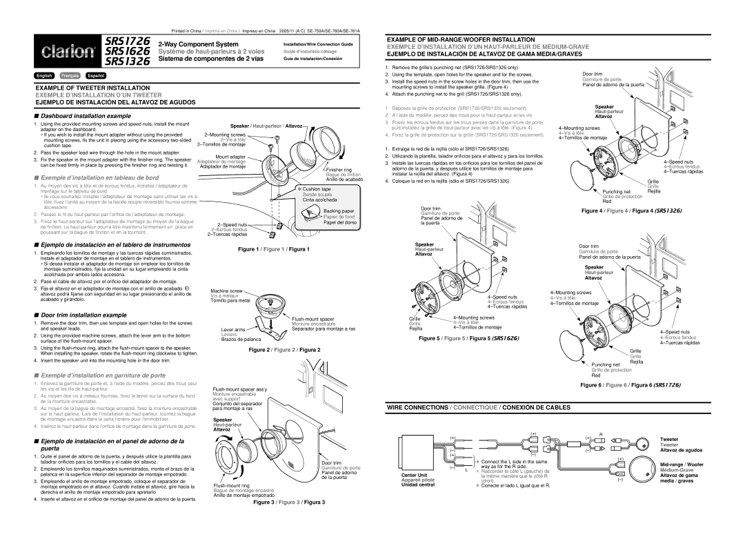 Clarion SRS1726, SRS1326 manual Exemple d’installation en tableau de bord, Exemple d’installation en garniture de porte 