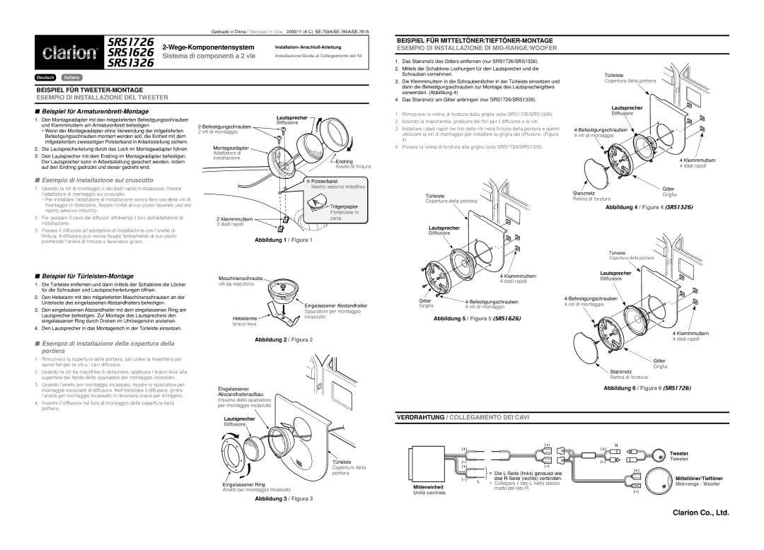 Clarion SRS1626, SRS1326, SRS1726 manual Beispiel für Armaturenbrett-Montage, Esempio di installazione sul cruscotto 