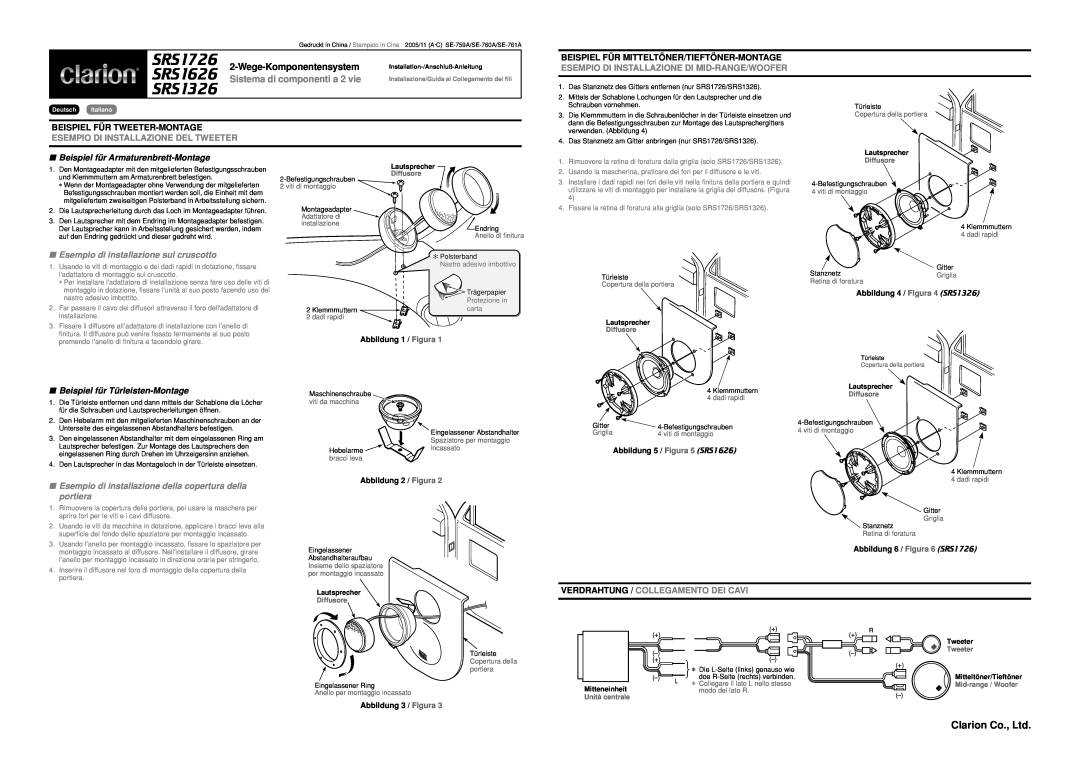 Clarion SRS1626 manual Beispiel für Armaturenbrett-Montage, Esempio di installazione sul cruscotto, SRS1726, SRS1326 