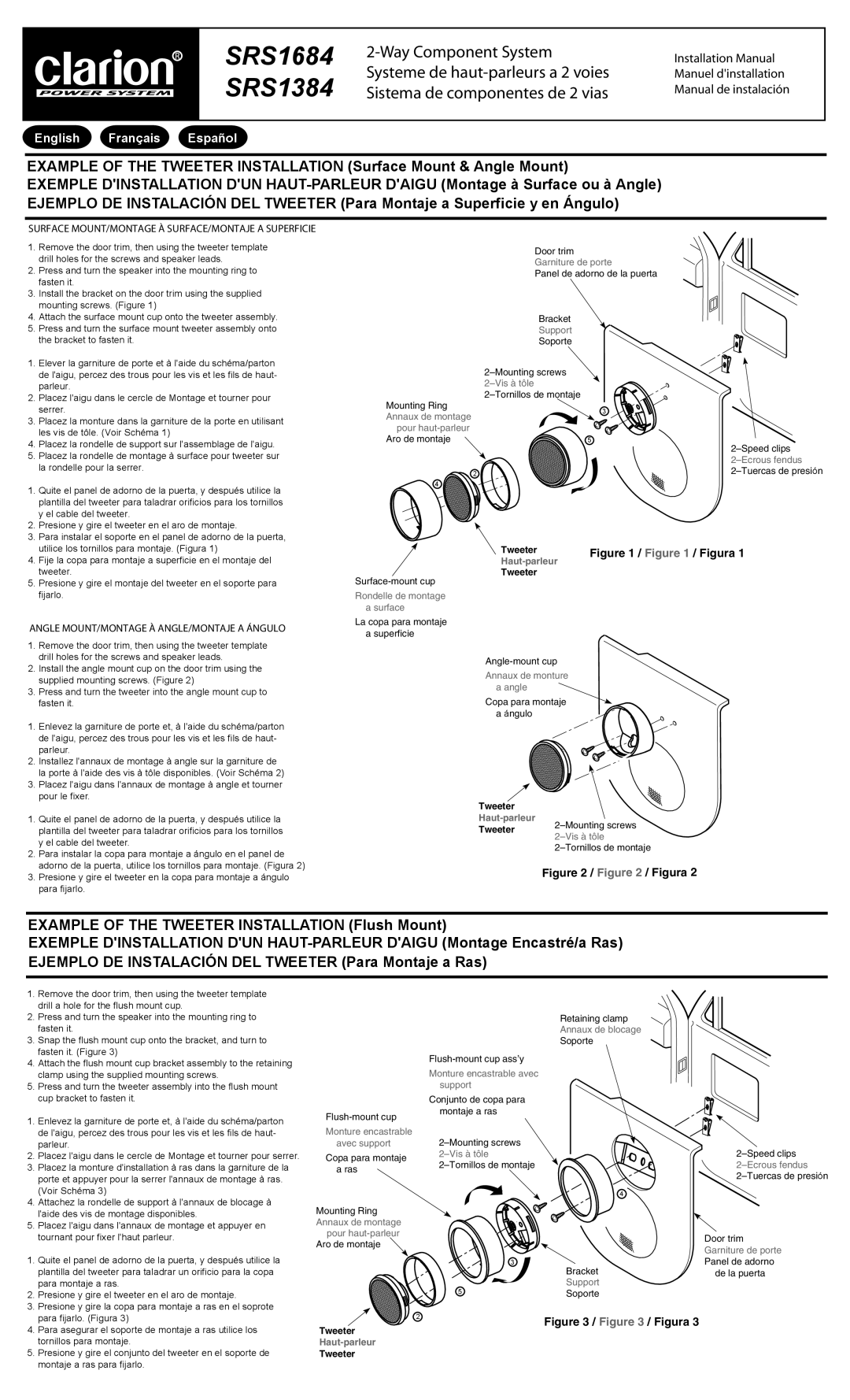 Clarion installation manual SRS1684 SRS1384, Surface MOUNT/MONTAGE À SURFACE/MONTAJE a Superficie, Tweeter 