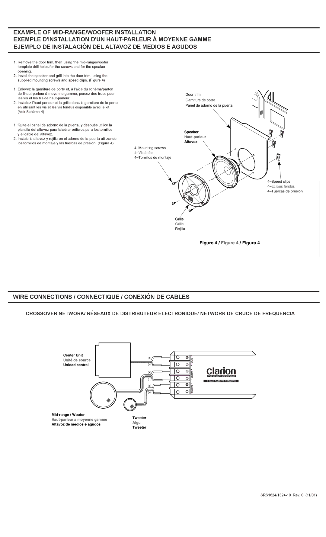 Clarion SRS1684 installation manual Wire Connections / Connectique / Conexión DE Cables, Unité de source, Aigu 