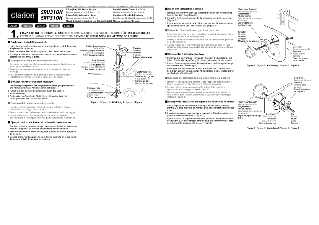 Clarion SRP310H manual Exemple d’installation en garniture de porte, Exemple d’installation en tableau de bord, English 