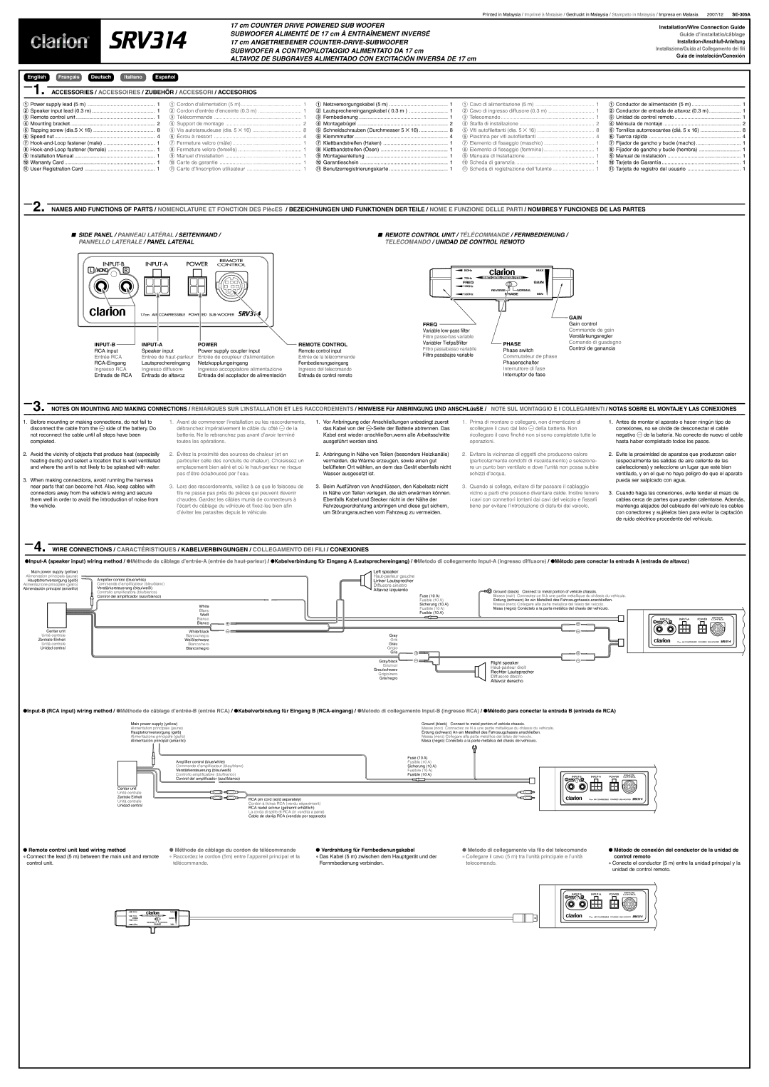 Clarion SRV314 installation manual INPUT-B INPUT-A Power Remote Control, Freq, Gain, Phase 