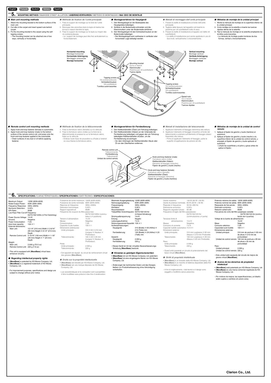 Clarion SRV314 installation manual Méthode de fixation de l’unité principale, Metodi di montaggio dell’unità principale 