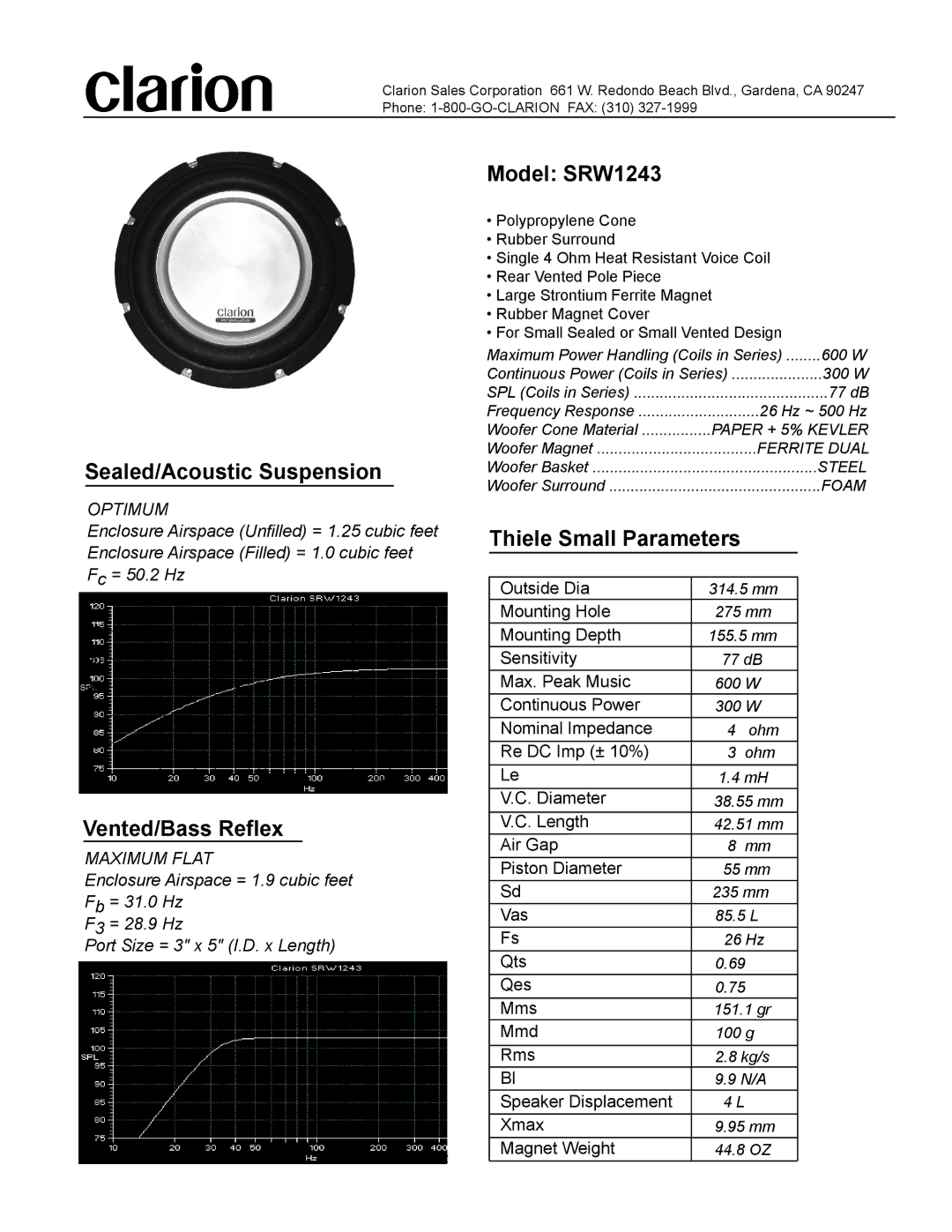 Clarion manual Sealed/Acoustic Suspension, Vented/Bass Reflex, Model SRW1243, Thiele Small Parameters 