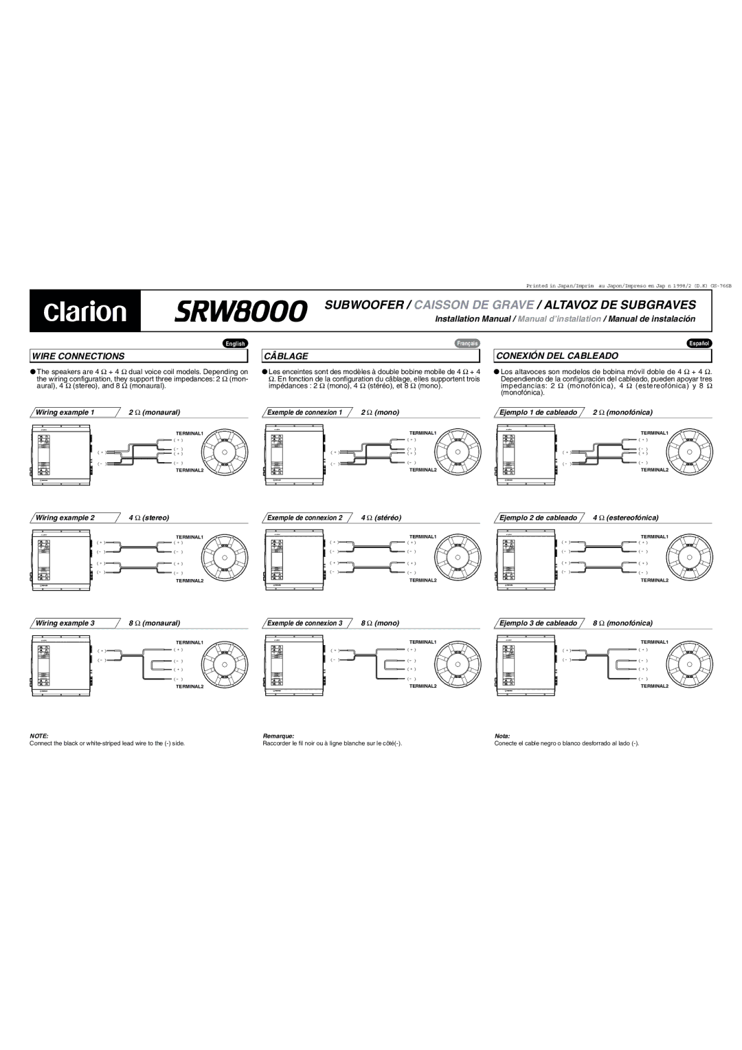 Clarion SRW8000 installation manual Wire Connections, Câblage, Conexión DEL Cableado, Exemple de connexion, Remarque Nota 