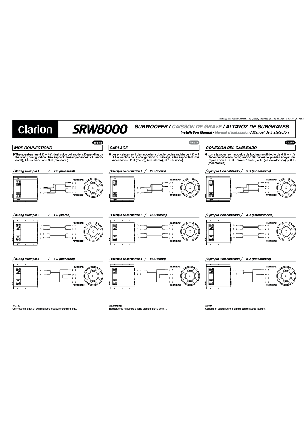 Clarion SRW8000 installation manual Wire Connections, Câblage, Conexión Del Cableado 