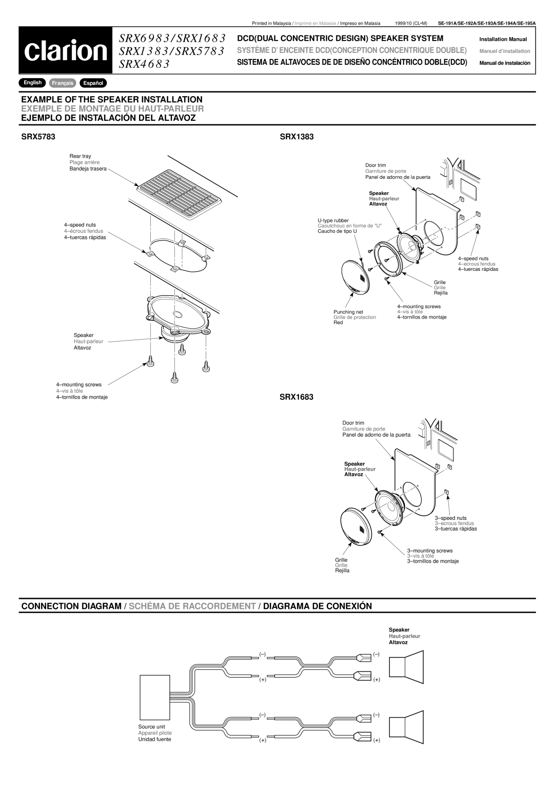 Clarion installation manual SRX6983/SRX1683 SRX1383/SRX5783 SRX4683, Haut-parleur 