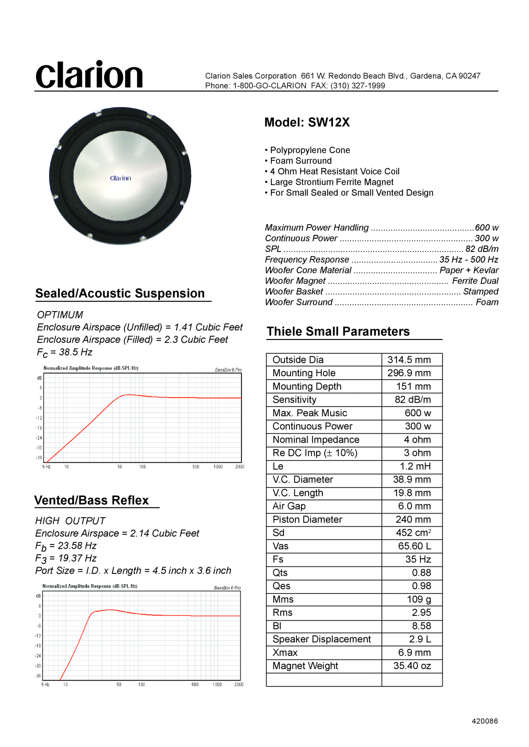 Clarion manual Sealed/Acoustic Suspension, Vented/Bass Reflex, Model SW12X, Thiele Small Parameters 