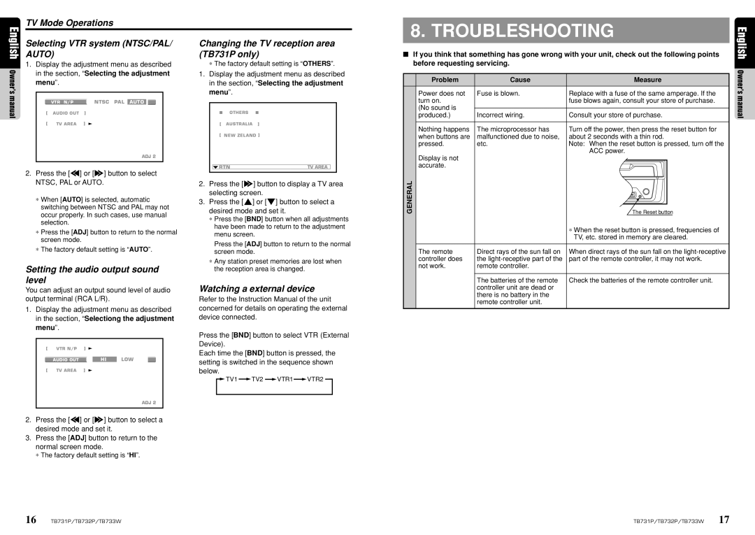 Clarion TB733W, TB732P Troubleshooting, Selecting VTR system NTSC/PAL/ Auto, Changing the TV reception area TB731P only 