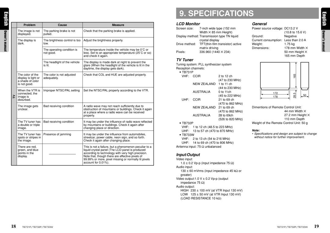 Clarion TB732P, TB733W, TB731P owner manual Specifications, LCD Monitor General, TV Tuner, Input/Output 