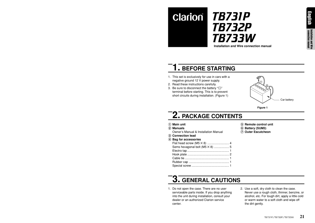 Clarion TB731P, TB733W, TB732P owner manual Before Starting, Package Contents, General Cautions 