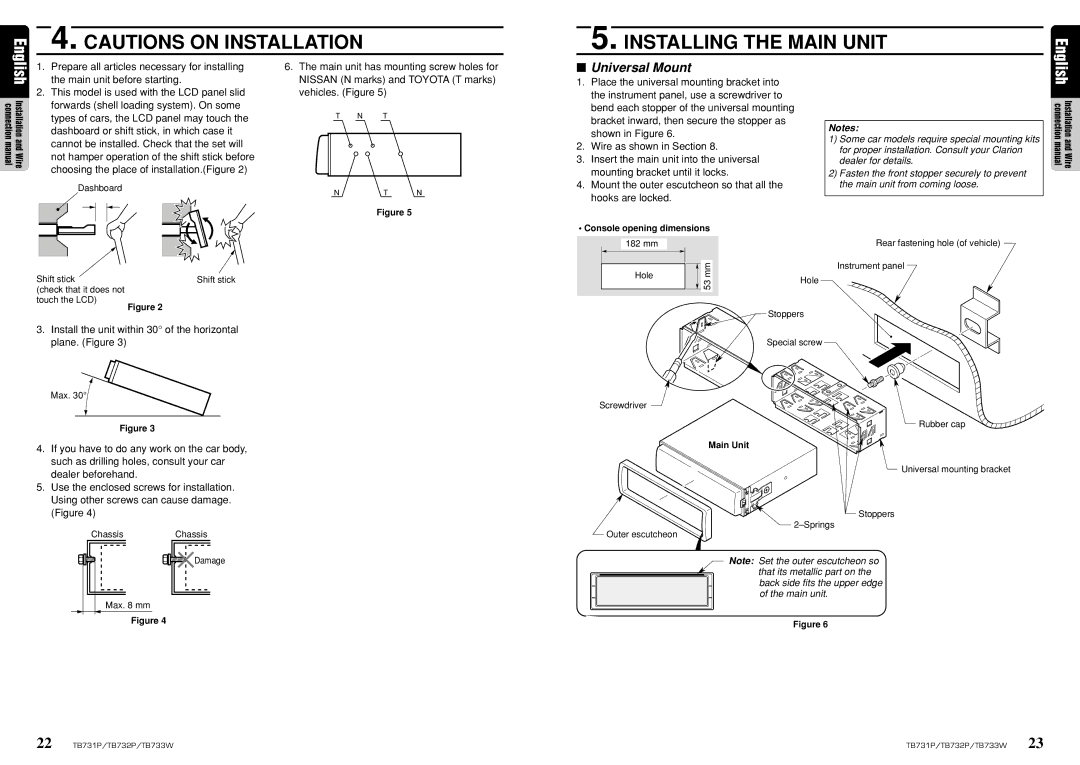 Clarion TB732P, TB733W, TB731P Universal Mount, Prepare all articles necessary for installing, Wire as shown in Section 