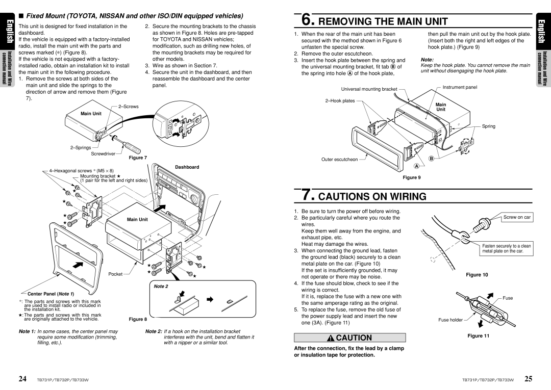 Clarion TB733W, TB731P, TB732P owner manual Removing the Main Unit 