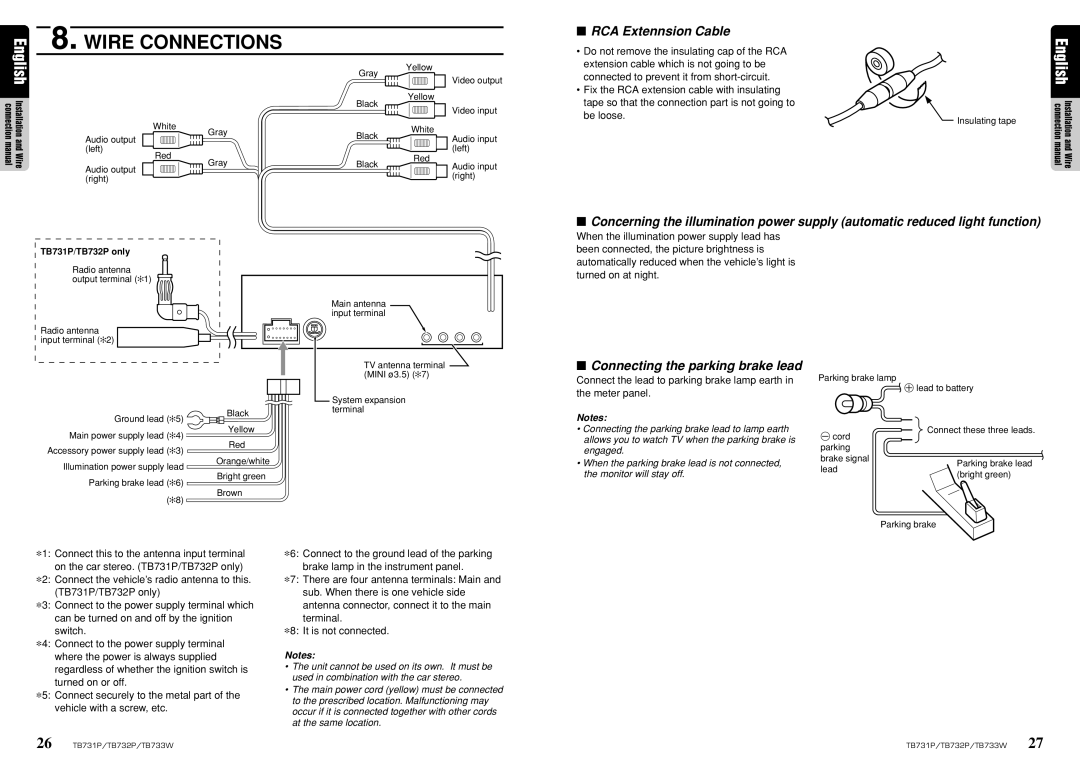 Clarion TB731P, TB733W Wire Connections, RCA Extennsion Cable, Connecting the parking brake lead, It is not connected 