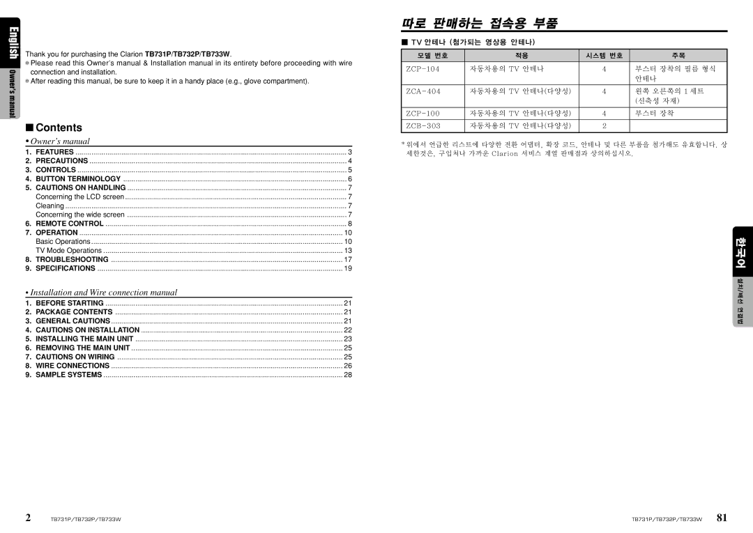 Clarion TB732P, TB733W, TB731P owner manual 따로 판매하는 접속용 부품 