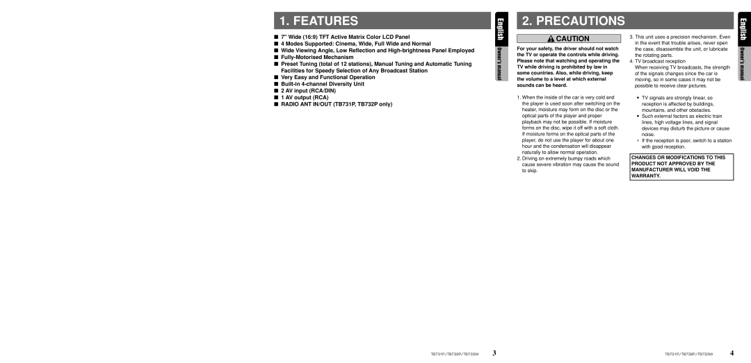 Clarion TB733W owner manual Precautions, Radio ANT IN/OUT TB731P, TB732P only 